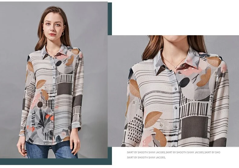 100% Silk Women's Shirt Turn Down Collar Long Sleeves Printed Elegant Blouse Fashion Camisa Tops - Image 9