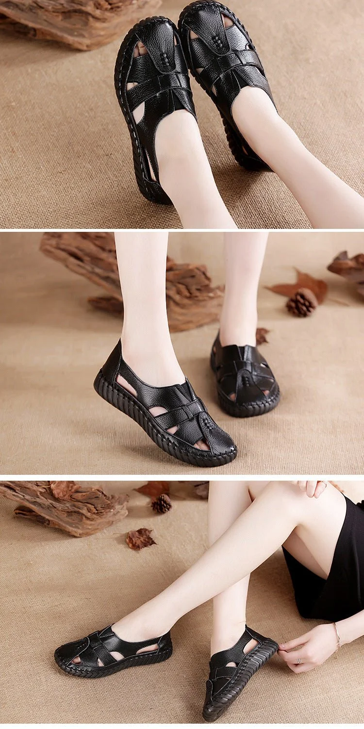 Women Retro Manual Suture Hollow Sandal Loafers - Image 17