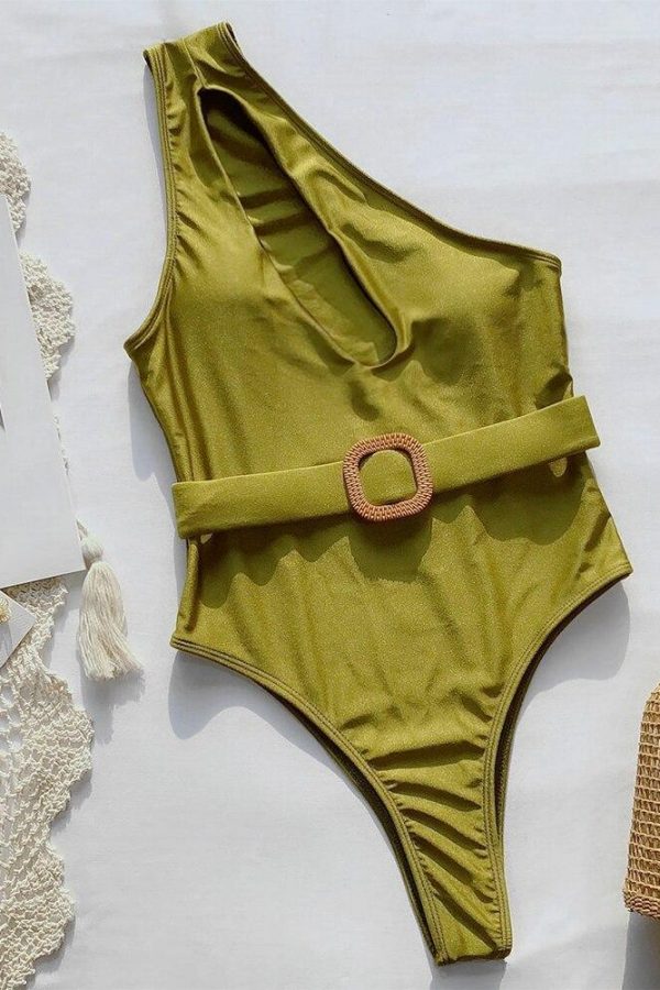 One Shoulder Green Swimwear Women 2021 New Arrival Padded Bra Belt Hollow Out Sexy One Piece Swimsuit Female Monokini - Takalr