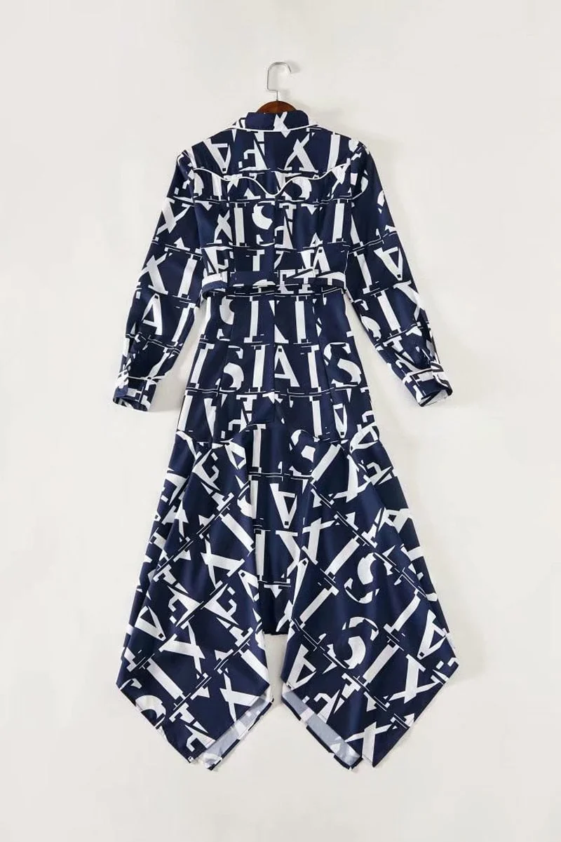 Women's Runway Dresses Turn Down Collar Long Sleeves Letters Printed Asymmetrical High Street Fashion Dress - Image 6