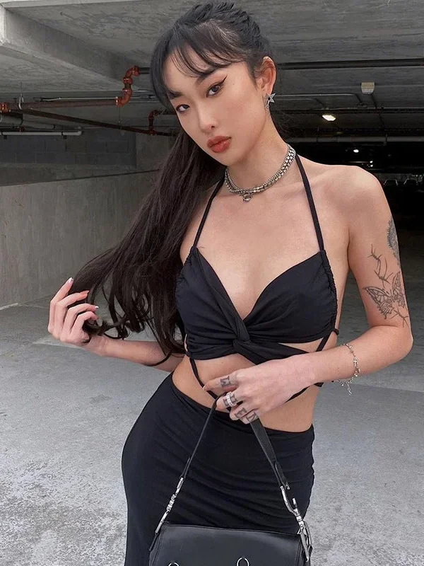 Sexy Open Back Criss Cross Halter Maxi Dresses for Women Summer  Stylish Black Bodycon Dress Party Club C95-CF28