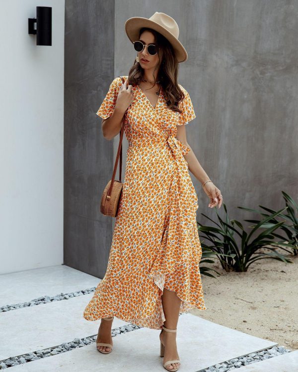 Summer Maxi Dress Women Polka Dot Sexy V Neck Ruffles Short Sleeve Holiday Long Beach Sundress Ladies Lace Up Wrap Party Dresses - Takalr