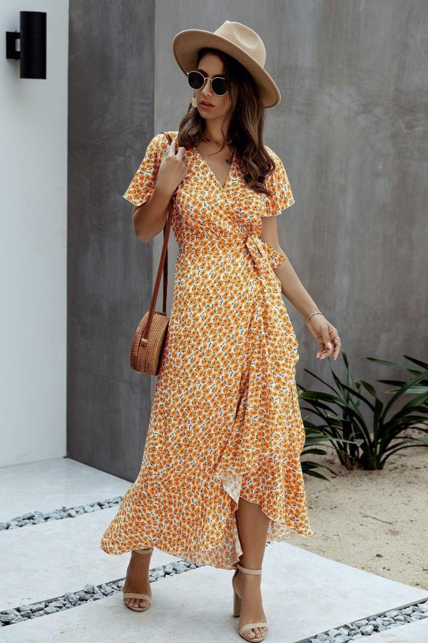 Summer Maxi Dress Women Polka Dot Sexy V Neck Ruffles Short Sleeve Holiday Long Beach Sundress Ladies Lace Up Wrap Party Dresses - Takalr