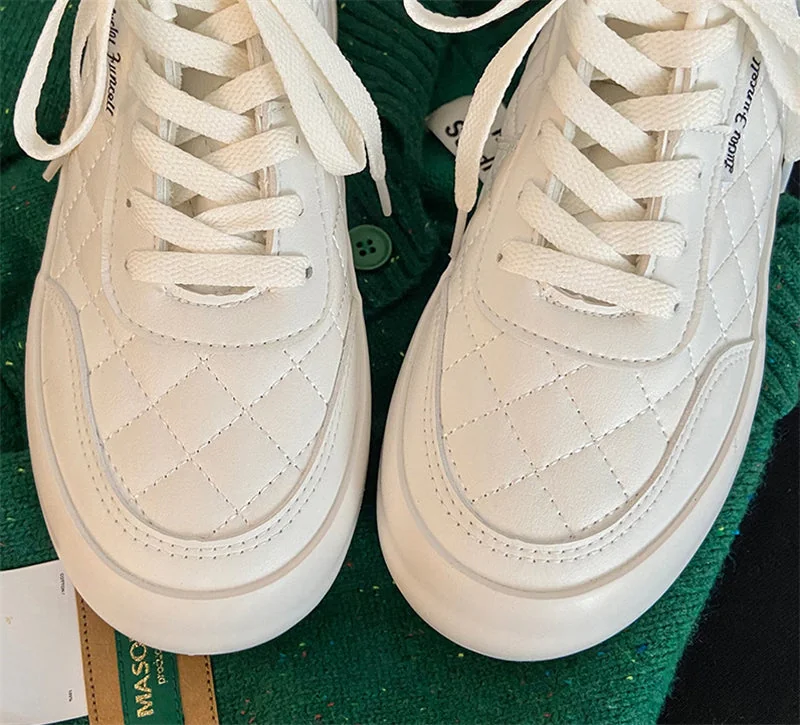 Women Shoes Autumn White PU Leather Sneakers Fashion Platform Sport Shoes Plaid Lace-up Casual Comfy Ankle Boots - Image 17