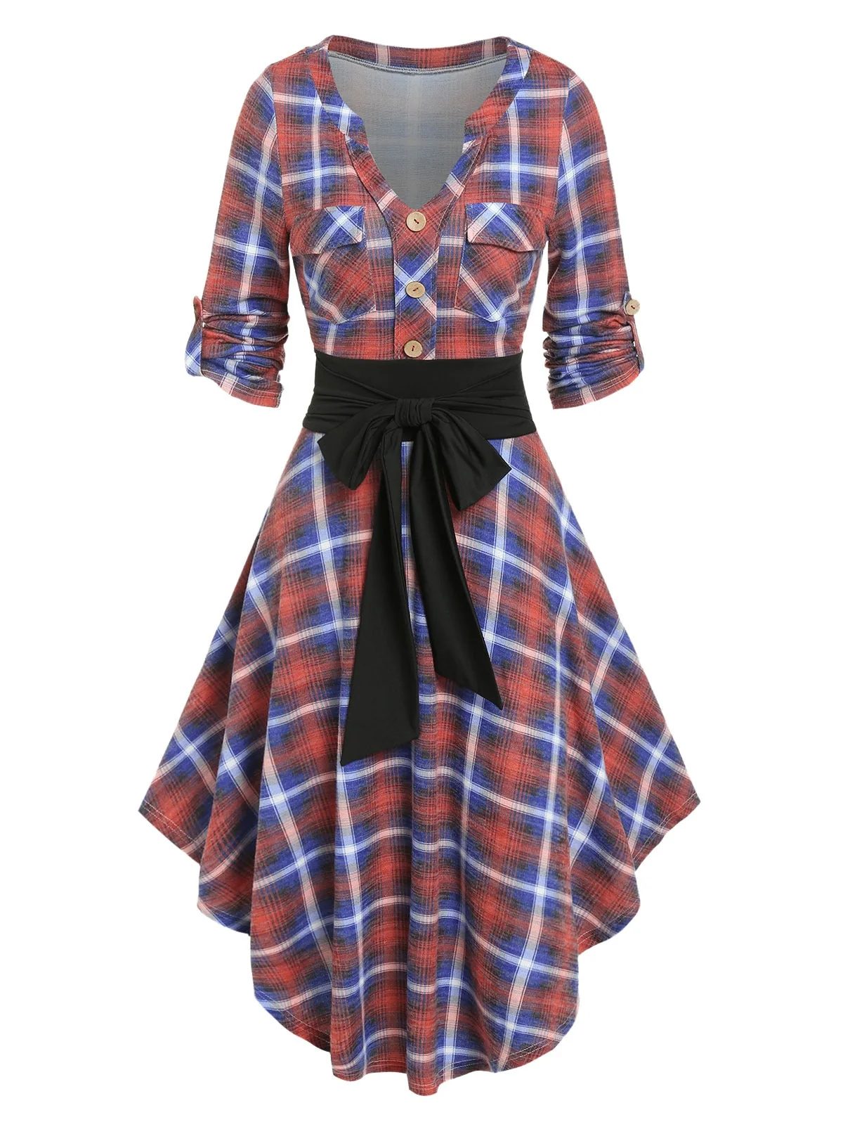 Plaid Buttons Bow Shirt Dress New