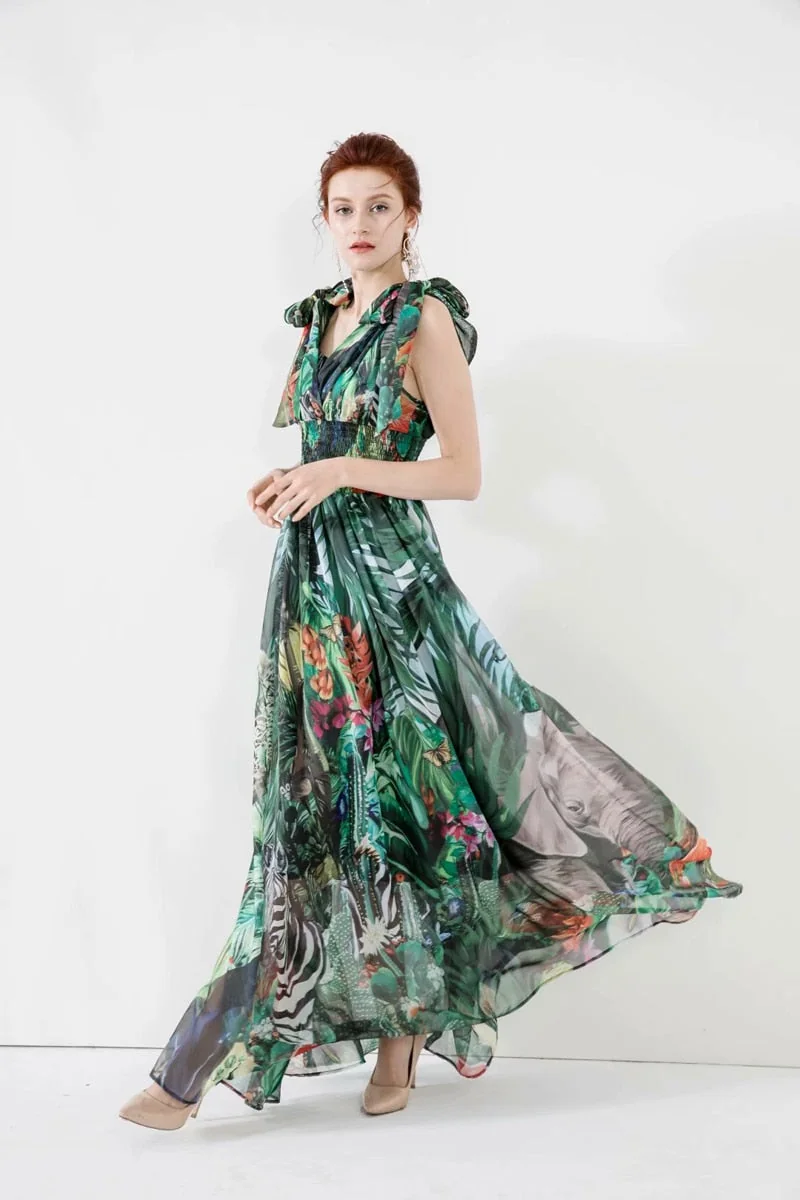 Women's Runway Dresses Sexy V Neck Sleeveless Lace Up Bow Printed Elastic Waist Elegant Long Floral Dresses - Image 3