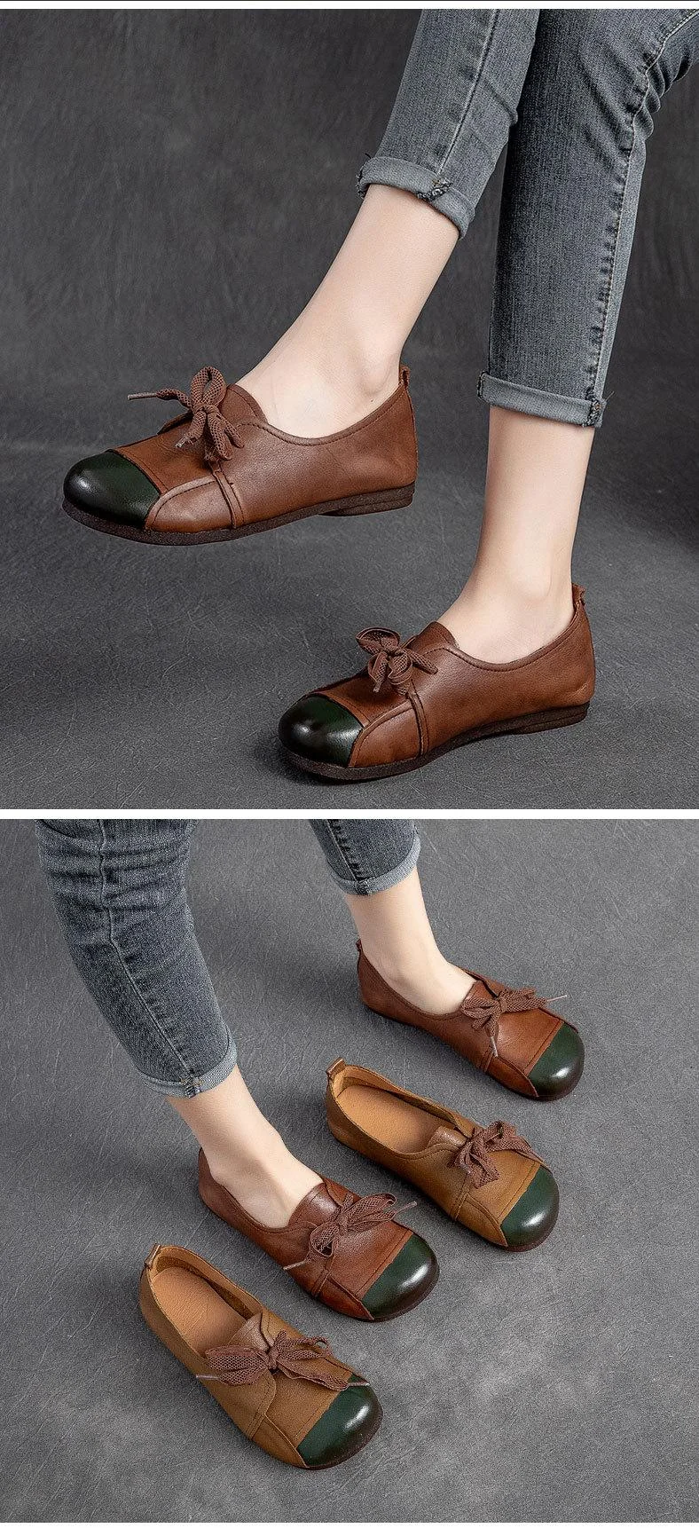 Flats Women Shoes Mixed Colors Genuine Leather Lace-Up Retro Round Toe Shallow Concise Handmade Ladies Shoes - Image 5