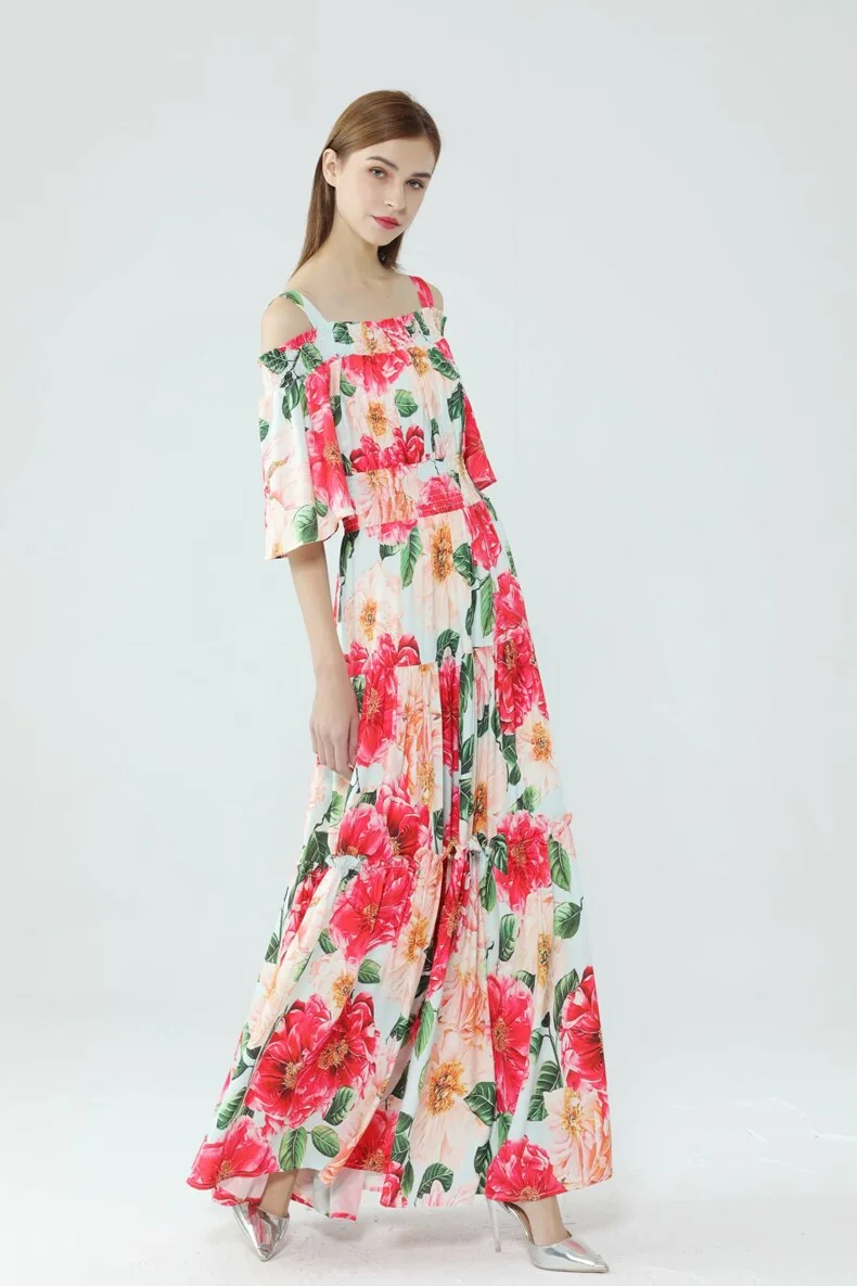Women's Runway Dresses Spaghetti Straps Slash Neckline Floral Printed Tiered Ruffles Elegant Long Maxi Dresses - Image 6