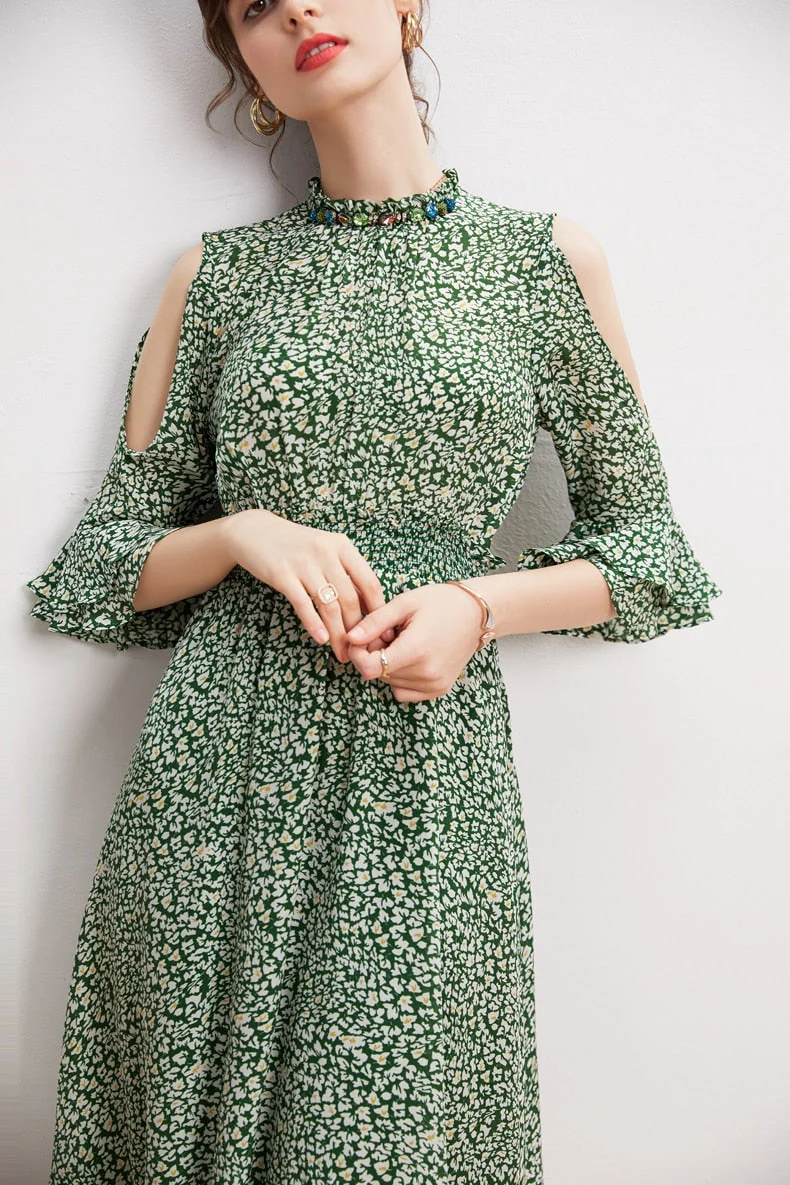 100% Silk Women's Dresses Stand Collar 3/4 Sleeves Off the Shoulder Printed Elgant Holiday Dress - Image 3
