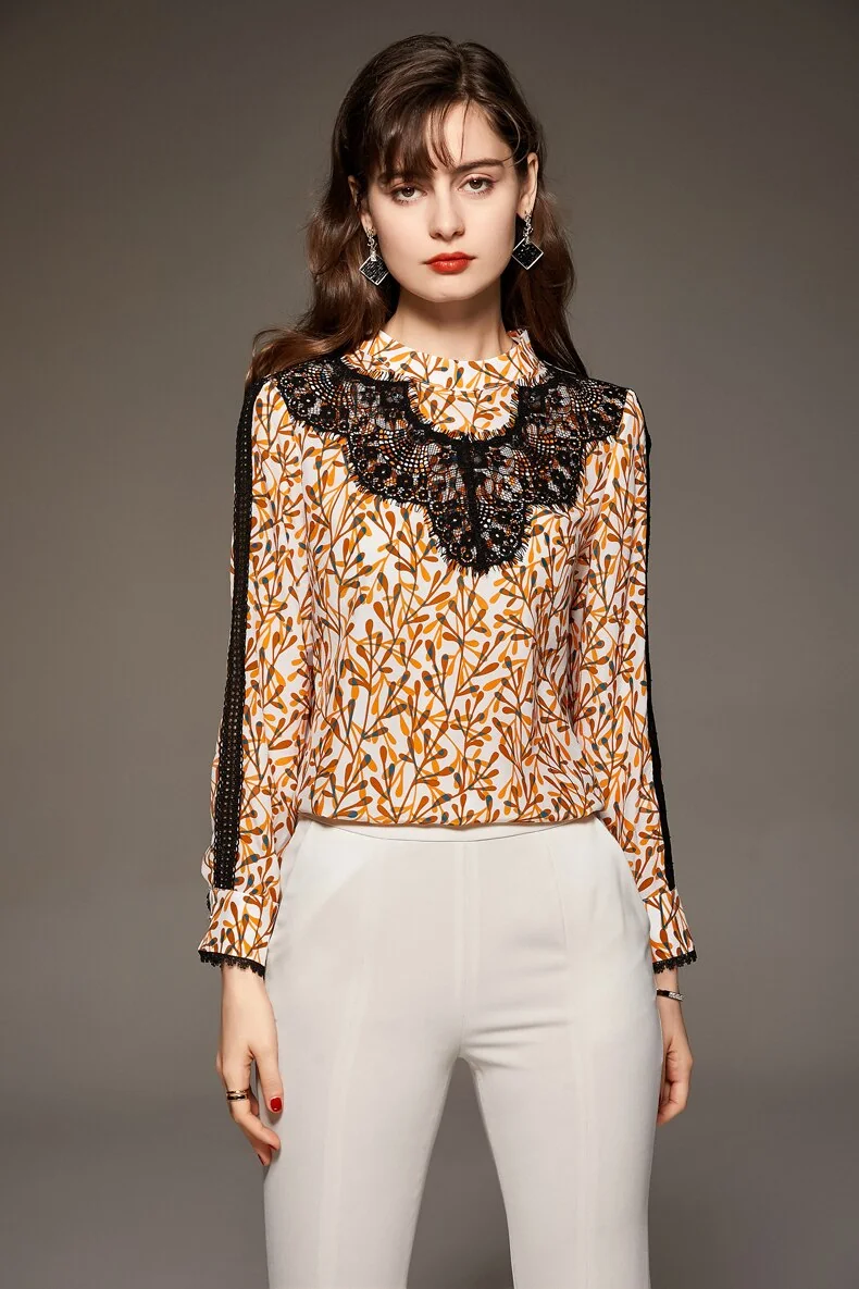 100% Silk Women's Blouse O Neck Long Sleeves Printed Hollow Out Lace Patchwork Fashion Casual Shirt Tops - Image 3