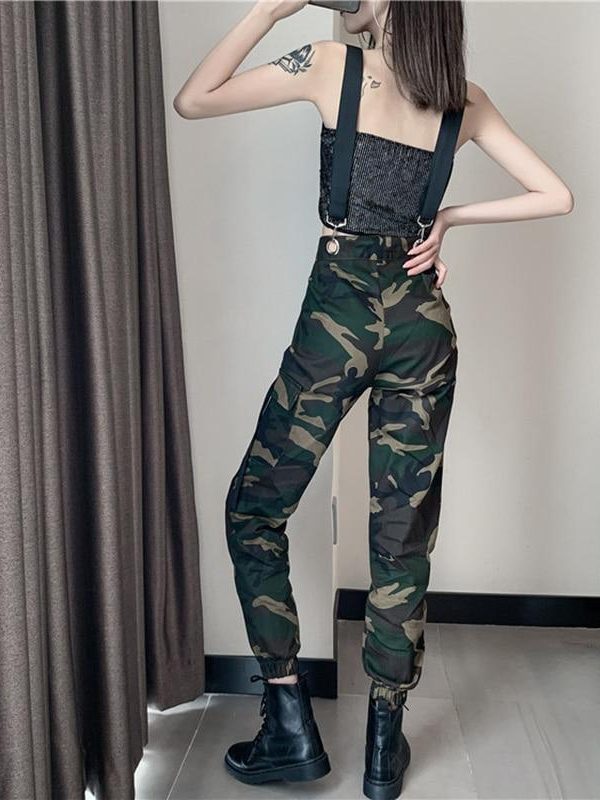 Women Suspenders Military Camouflage Pants Ladies Army High Waist Sweatpants Loose Camo Pants Trousers Hip Pop Street Joggers - Takalr