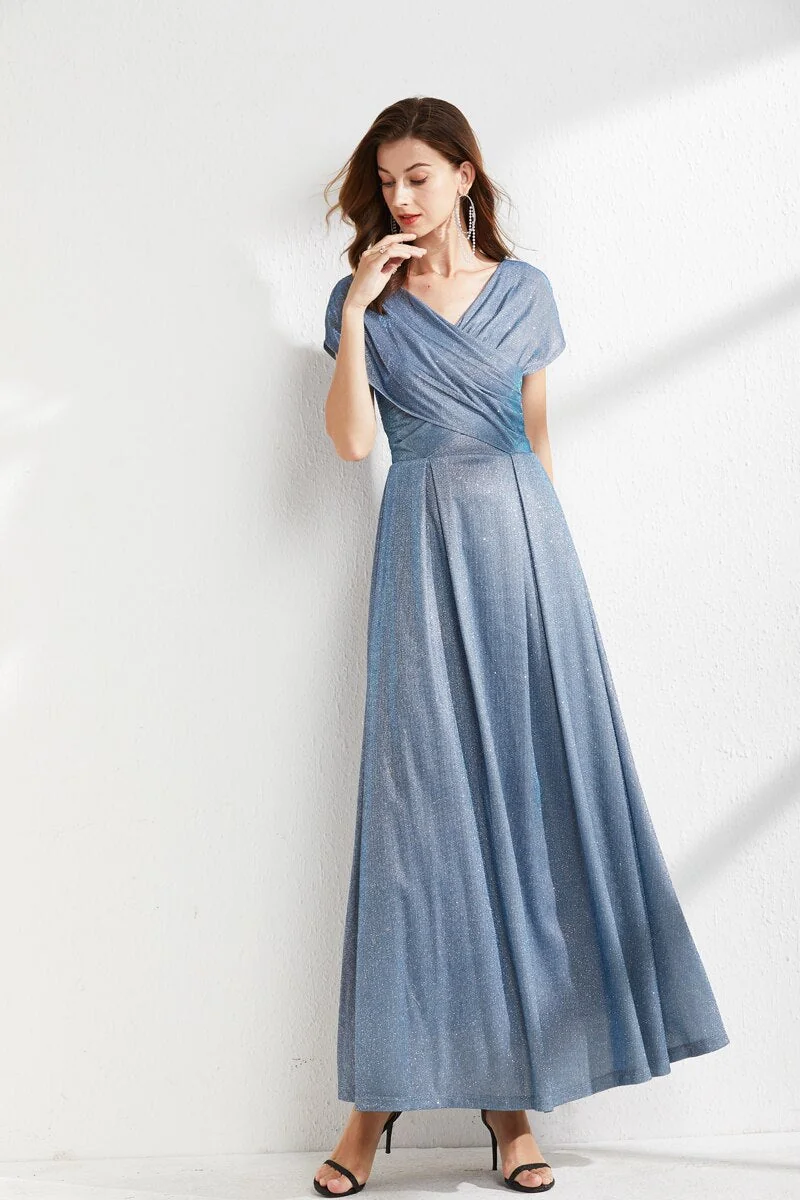 Women's Runway Dresses V Neck Cape Sleeves Criss Cross Elegant Long Maxi Dress Party Prom - Image 5