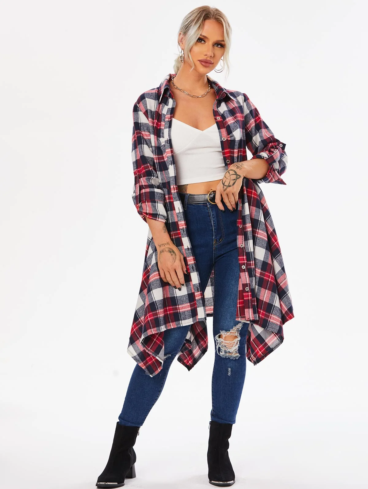 Handkerchief Dress Fashion Plaid Print Button Up Long Sleeve Shirt Dress Fall Clothes for Women Casual Short Dresses - Image 16