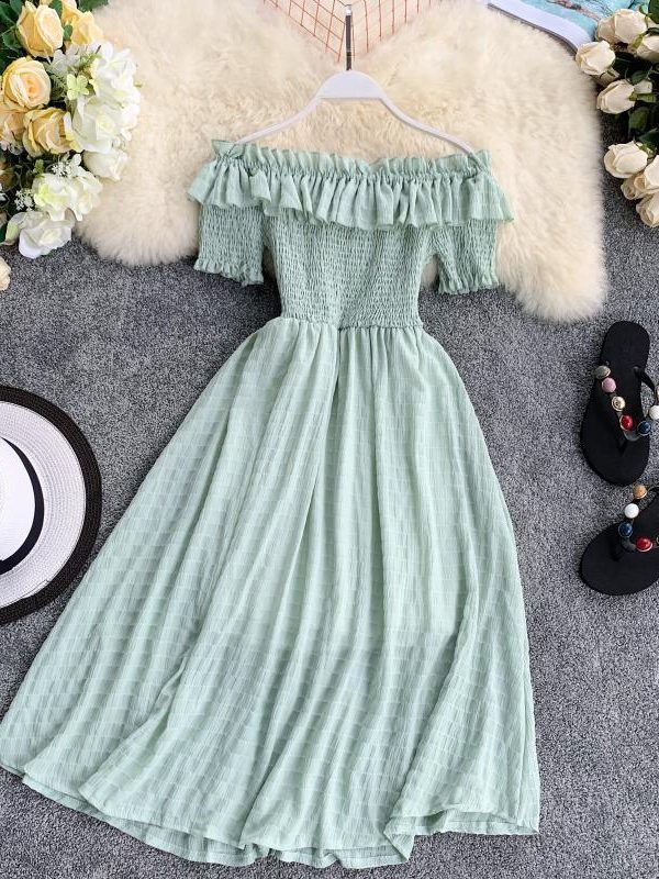 Summer Dress Solid Off Shoulder Dresses Women High Waist Chiffon - Takalr