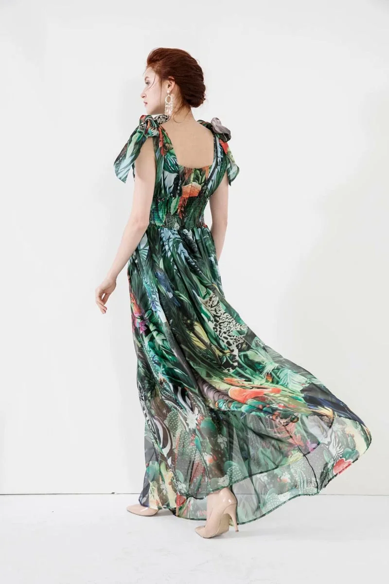Women's Runway Dresses Sexy V Neck Sleeveless Lace Up Bow Printed Elastic Waist Elegant Long Floral Dresses - Image 6
