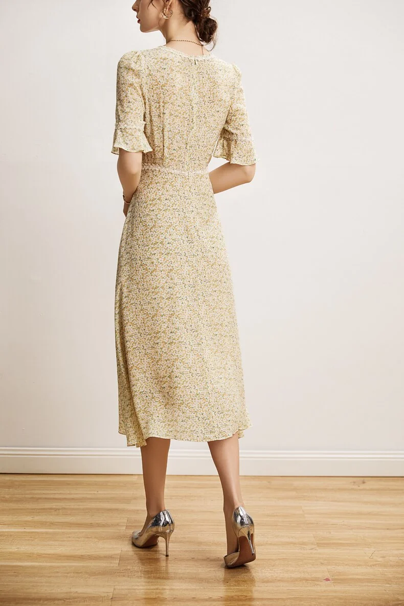 100% Natural Silk Women's Dresses Sexy V Neck Short Sleeves Printed Lace Piping Fashion Dress Vestidos - Image 6