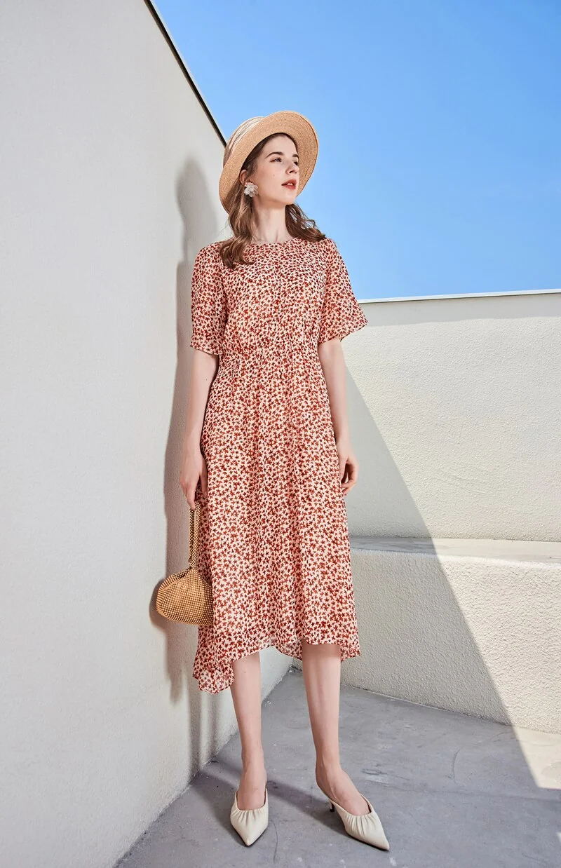 100% Silk Women's Runway Dresses O Neck Short Sleeves Printed High Street Fashion Summer Holiday Dresses - Image 5