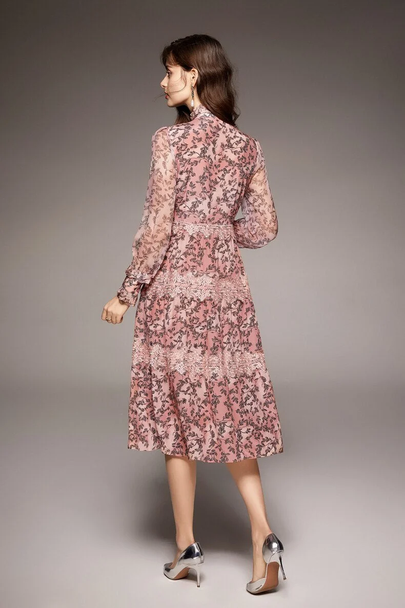 100% Natural Silk Women's Dresses O Neck Long Sleeves Ruffles Tired Lace Patchwork Printed Fashin Dress Vestidos - Image 7