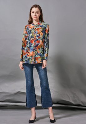100% Silk Women's Shirt Stand Collar Long Sleeves Floral Printed Fashion Piping Elegant Blouse Tops