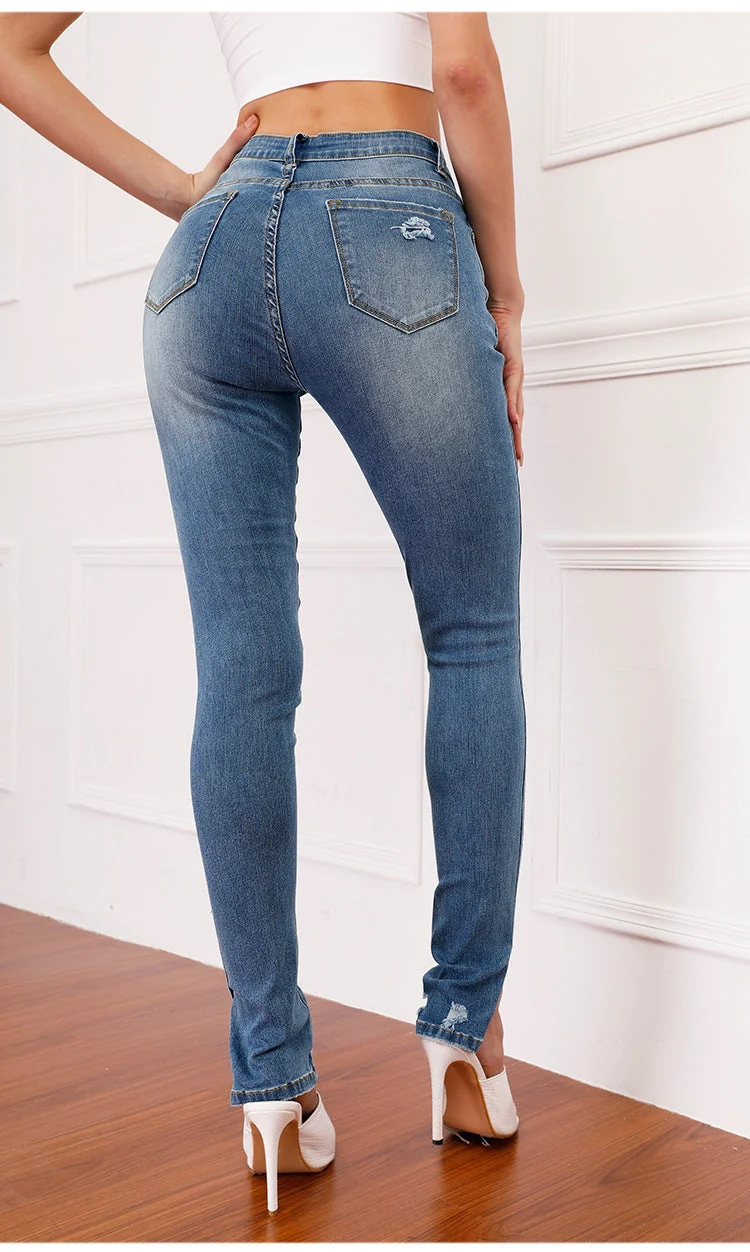 Ripped Mid-waist Stretch Jeans Women's Trousers Pencil Pants Split Hem Destroy Jeans - Image 5