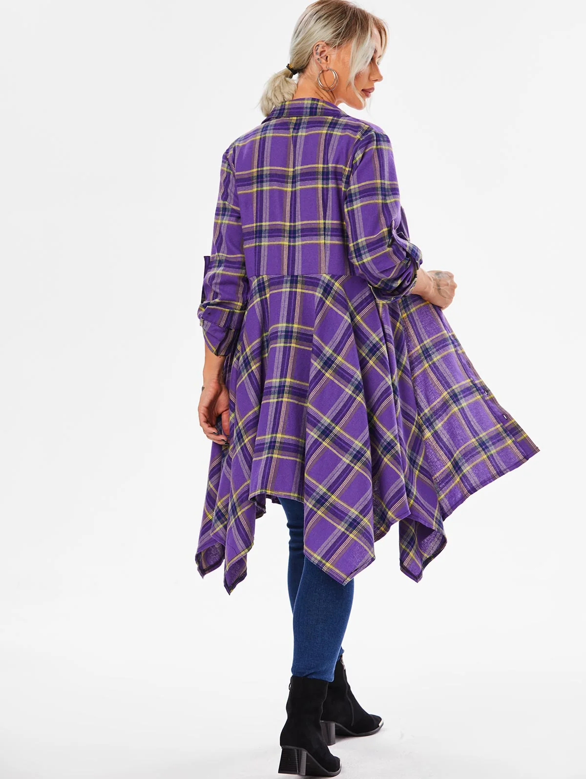 Handkerchief Dress Fashion Plaid Print Button Up Long Sleeve Shirt Dress Fall Clothes for Women Casual Short Dresses - Image 8