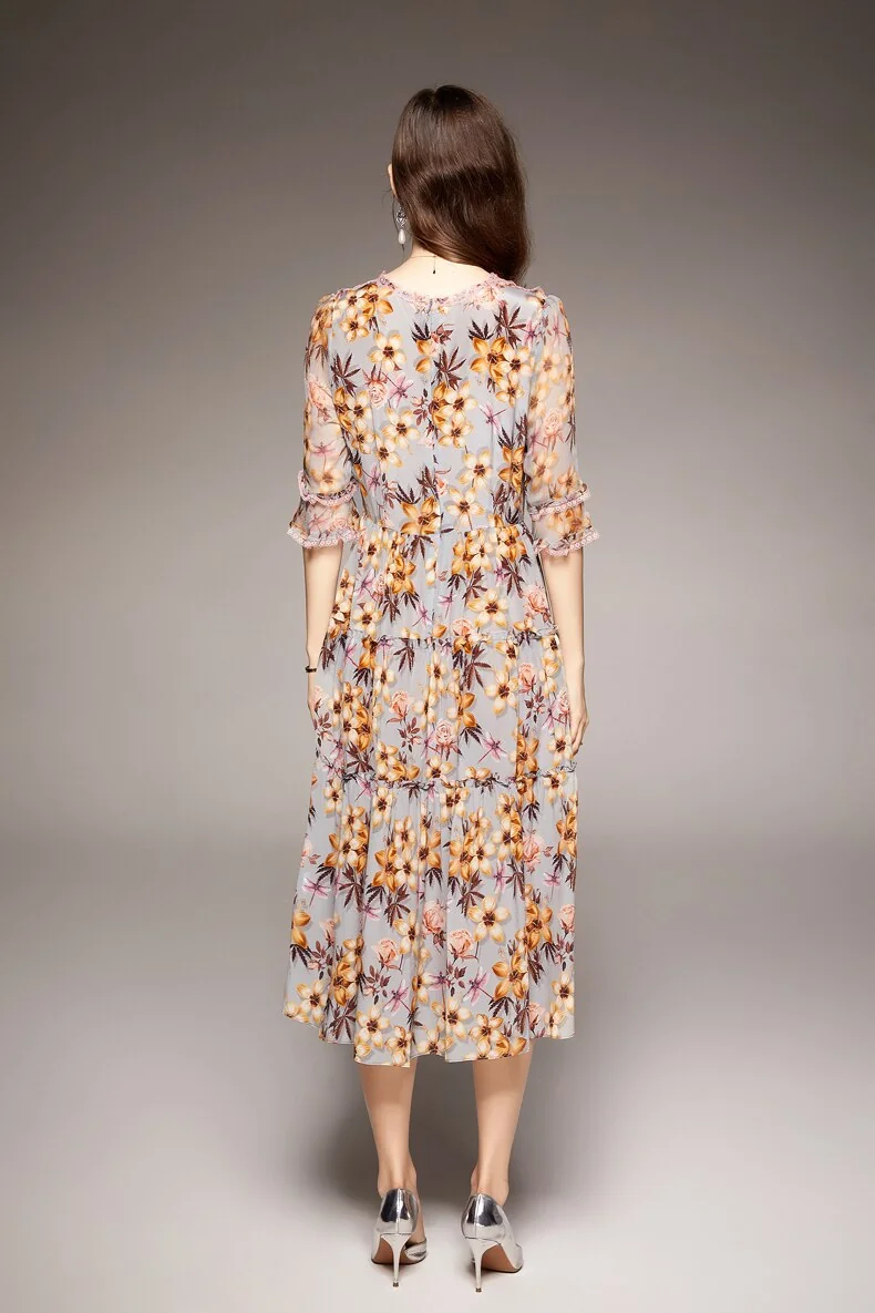 100% Natural Silk Women's Dresses Sexy V Neck Half Sleeves Lace Patchwork Floral Printed Ruffles Fashion Mid Summer Dress - Image 6