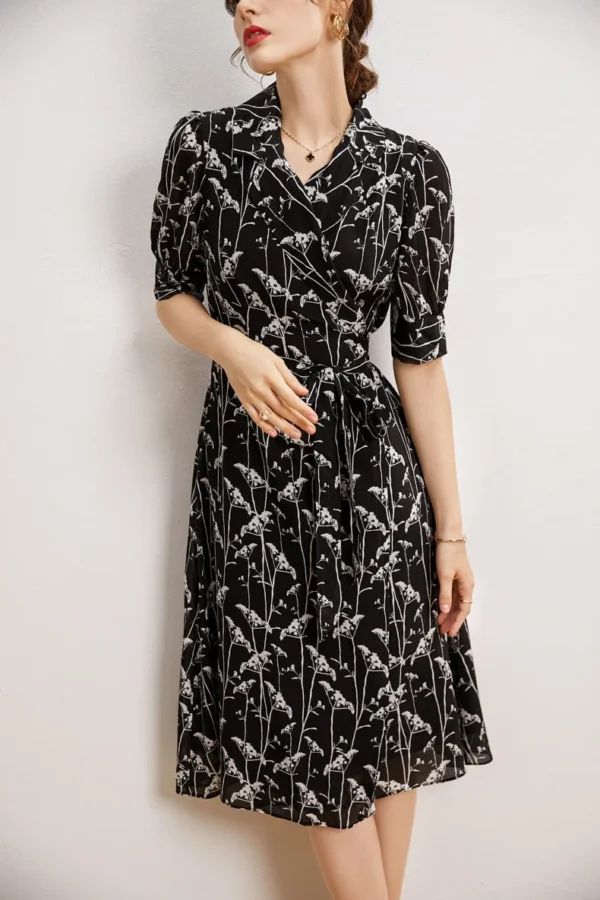 100% Natural Heavy Silk Women's Dresses Notched Collar Short Sleeves Sash Belt Printed Elegant Summer Dress Vestidos