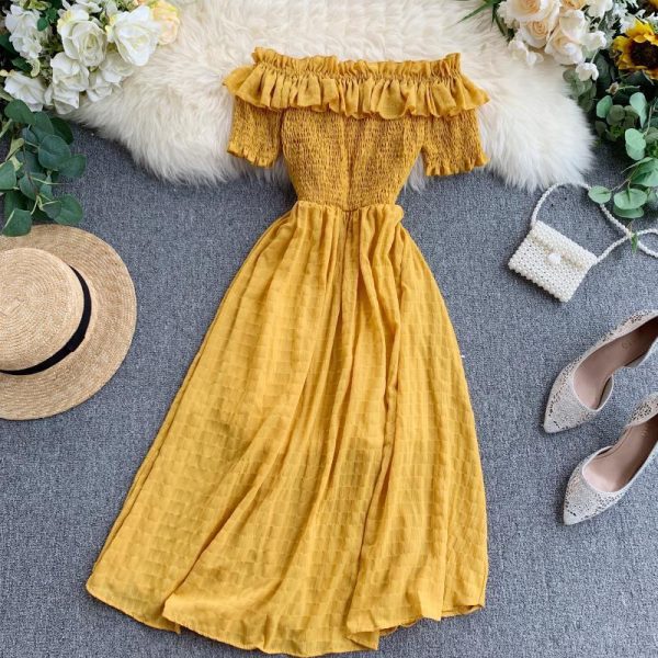 Summer Dress Solid Off Shoulder Dresses Women High Waist Chiffon - Takalr