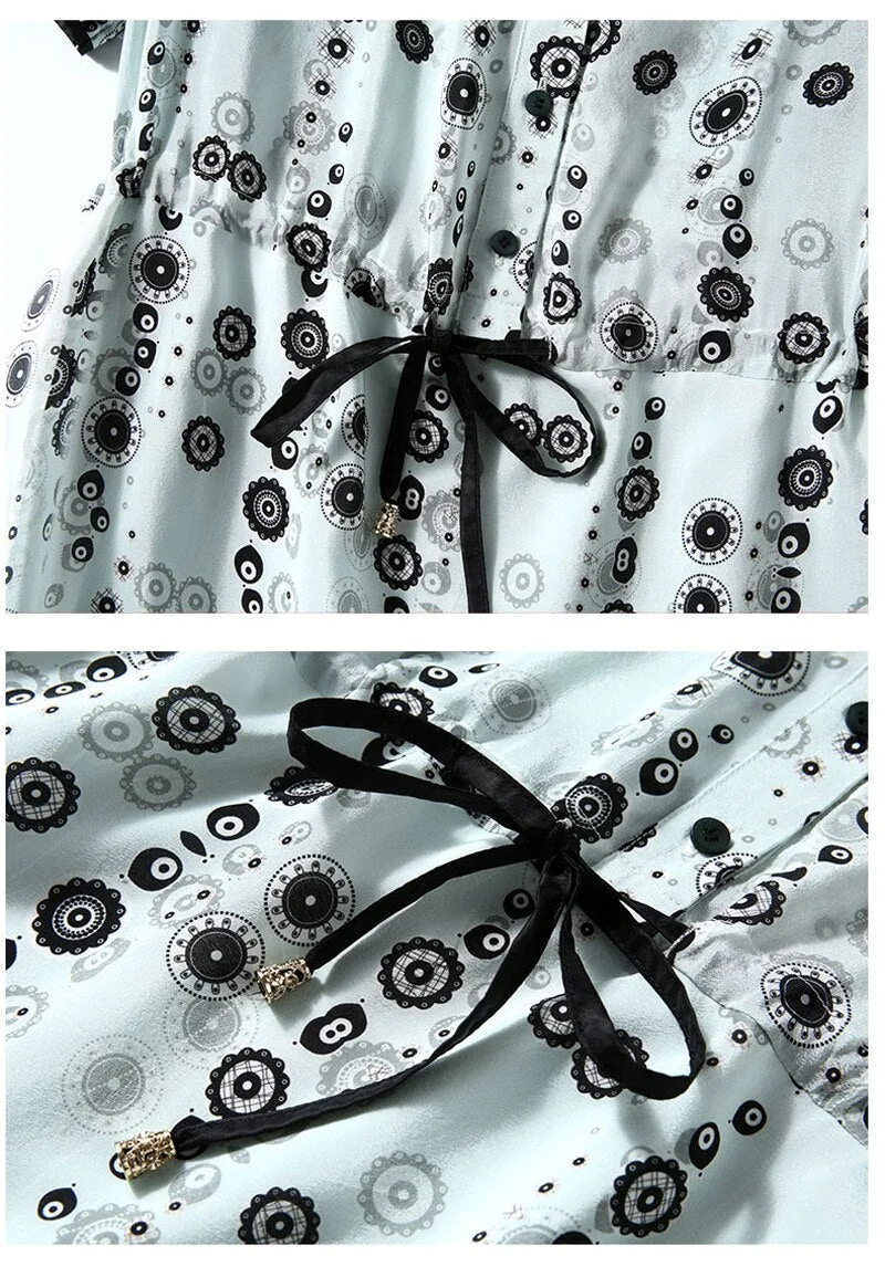 100% Silk Women's Runway Dresses V Neck Short Sleeves Printed Sash Belt Split Fashion Casual Designer Dresses - Image 10
