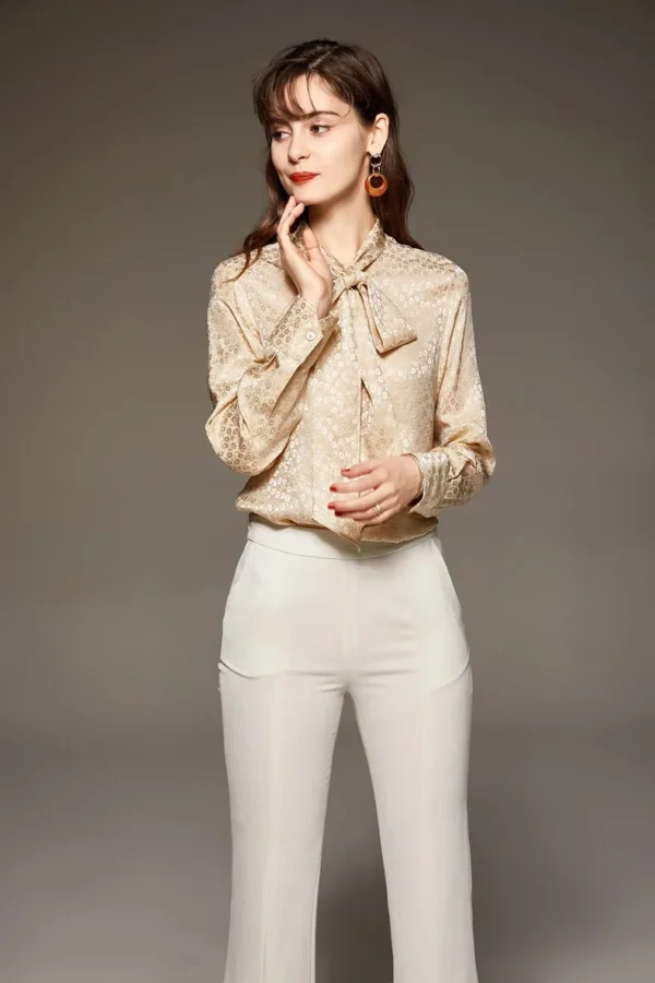100% Natural Silk Women's Shirt Lace Up Bow Collar Long Sleeves Floral Printed Elegant High Street Blouse Tops