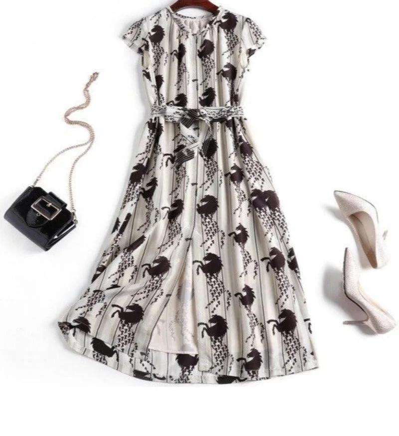 100% Silk Women's Dress O Neck Short Sleeves Sash Belt Animals Printed Fashion Casual Mid Runway Dresses