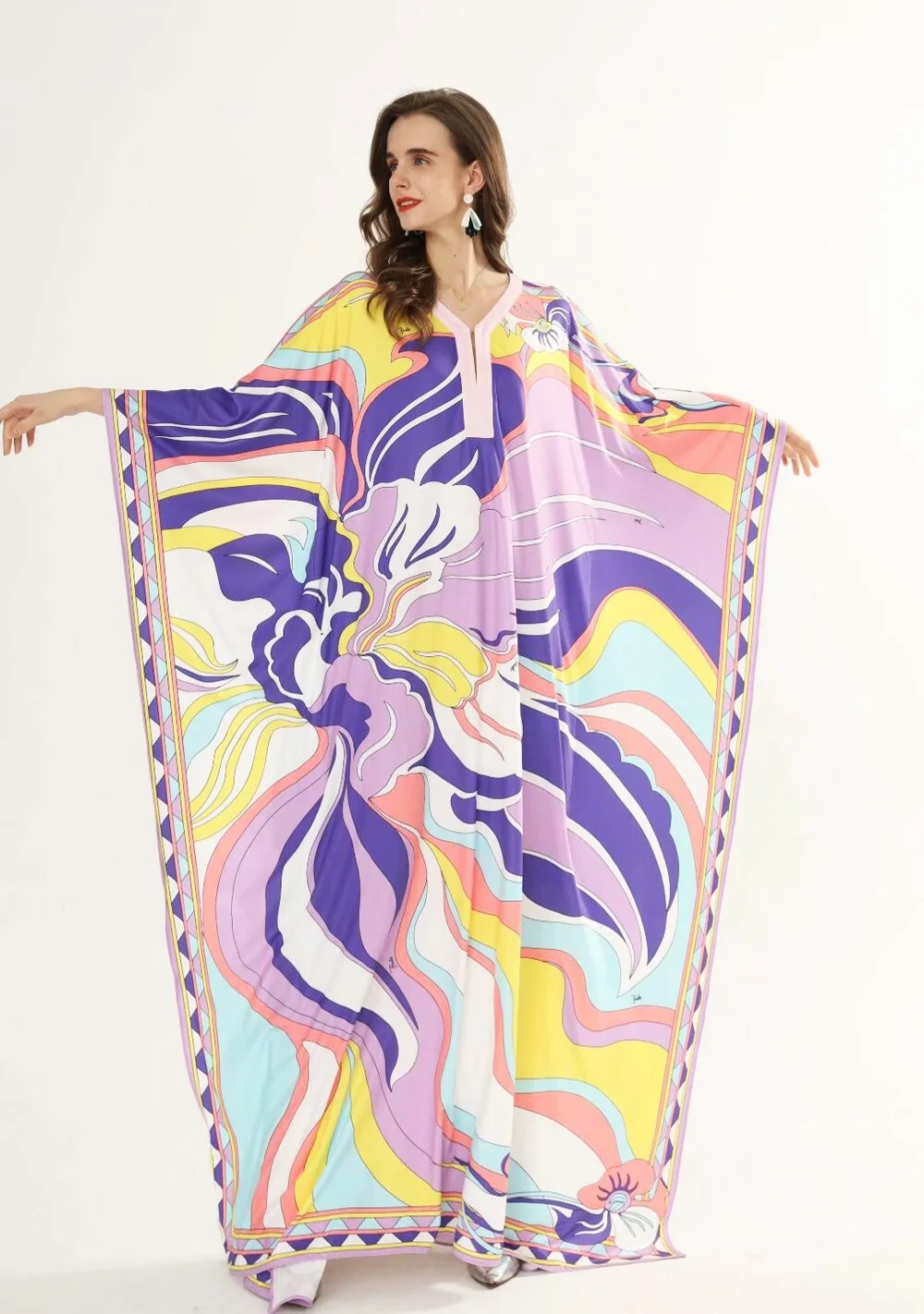 Women's Runway Dresses O Neck Batwing Sleeves Printed Loose Deisgn Plus Sizes Holiday Knitted Long Maxi Dresses