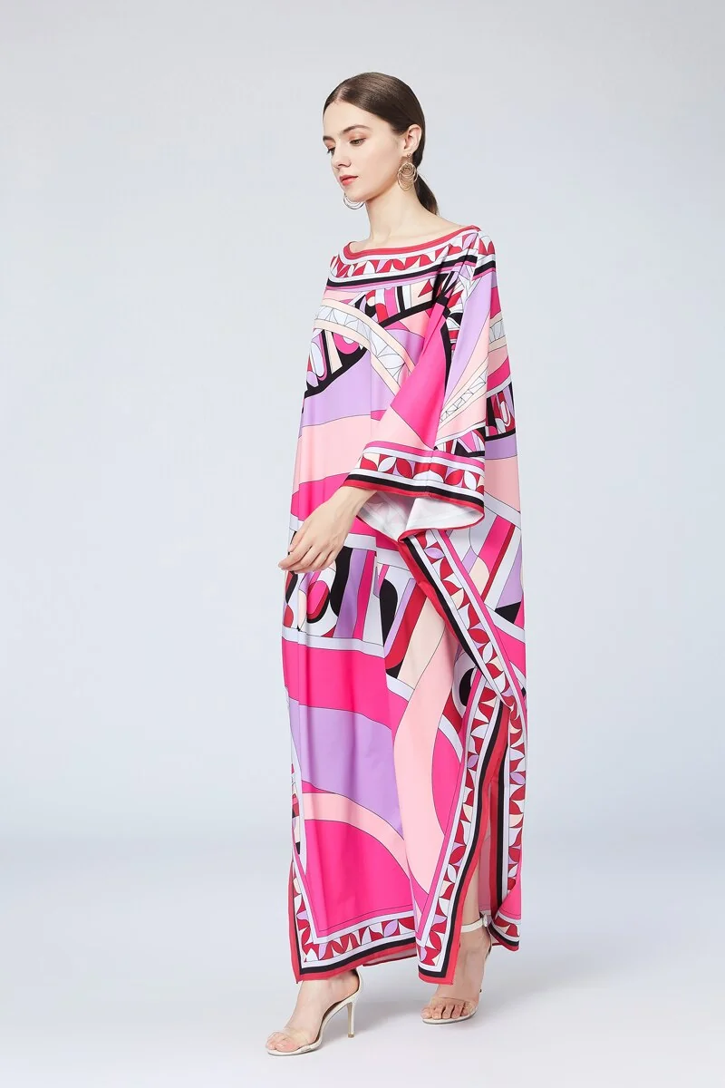 Women's Runway Loose Design Dresses Slash Neckline Batwing Sleeves Multicolor Printed Elegant High Street Maxi Dresses - Image 3