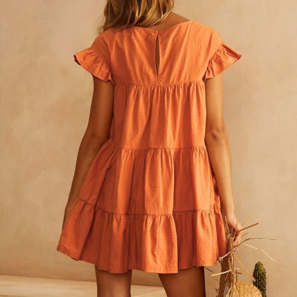 Women Casual Ruffle O Neck Short Sleeve Dress - Takalr