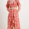 100% Natural Silk Women's Dresses Sexy V Neck Short Sleeves Lace Piping Asymmetrical Ruffles Printed Summer Dress