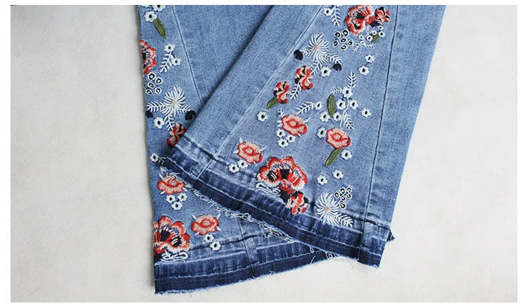 Denim Embroidered Flared Pants Women Mid Waist Jeans Wowens Embroidery Trousers - Image 13
