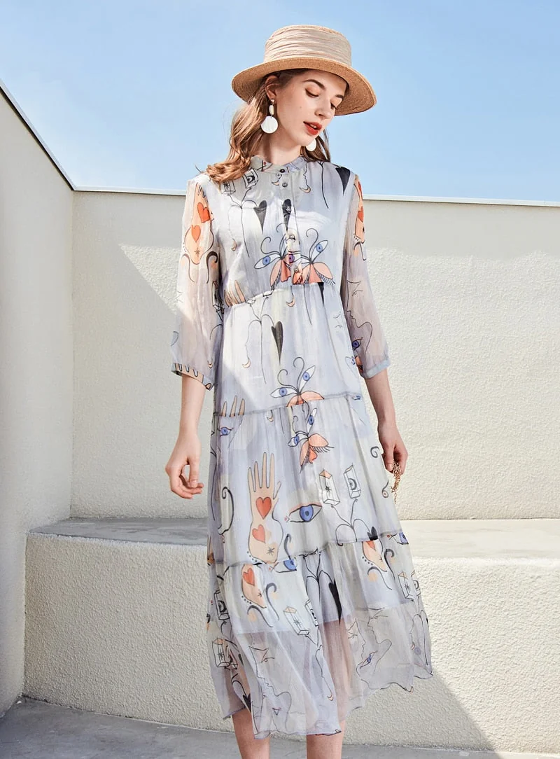 100% Silk Women's Runway Dresses O Neck 3/4 Sleeves Printed Mid Calf High Street Casual Dresses