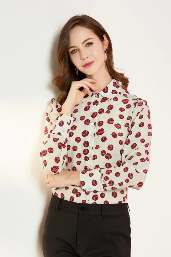 100% Natural Silk Women's Runway Shirts Turn Down Collar Long Sleeves Printed Floral Elegant Fashion Blouse Shirts
