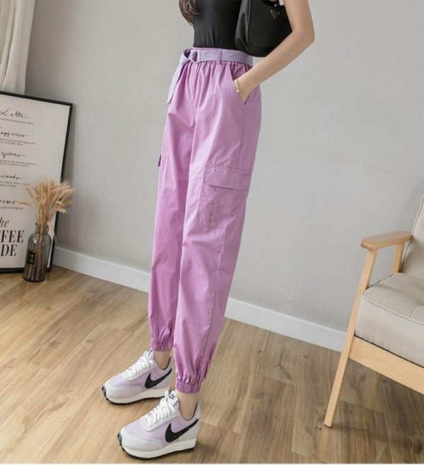 High Waist  Women's Looses Cargo Pants With belt nine-point harem pants Colorfur  high waist pants sashes pockets office pants - Takalr