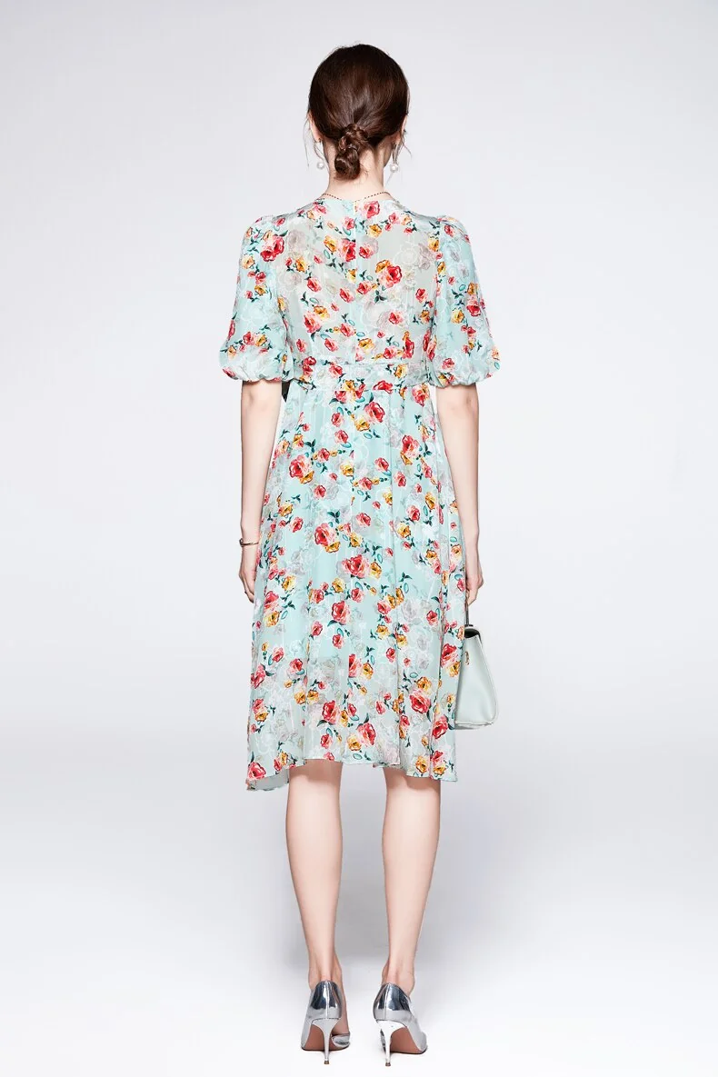 100% Silk Women's Dresses V Neck Short Sleeves Printed Sash Belt Fashion Summer Dress Vestidos - Image 5