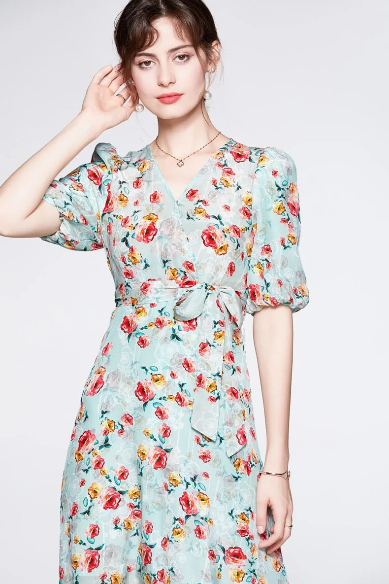 100% Silk Women's Dresses V Neck Short Sleeves Printed Sash Belt Fashion Summer Dress Vestidos - Image 3