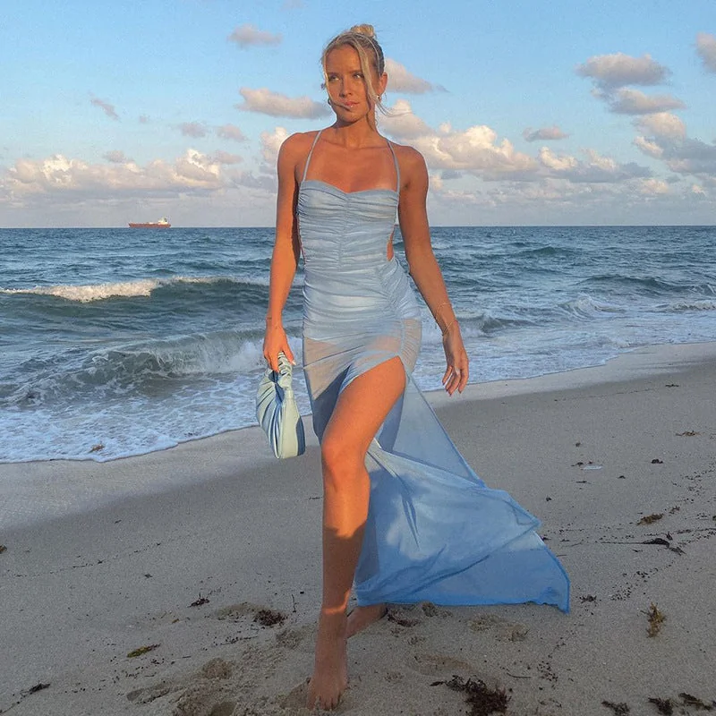 Sexy High Split Open Back Maxi Dress Blue Red Mesh Elegant Party Nightclub Bodycon Long Dresses Beachwear C85-CD20