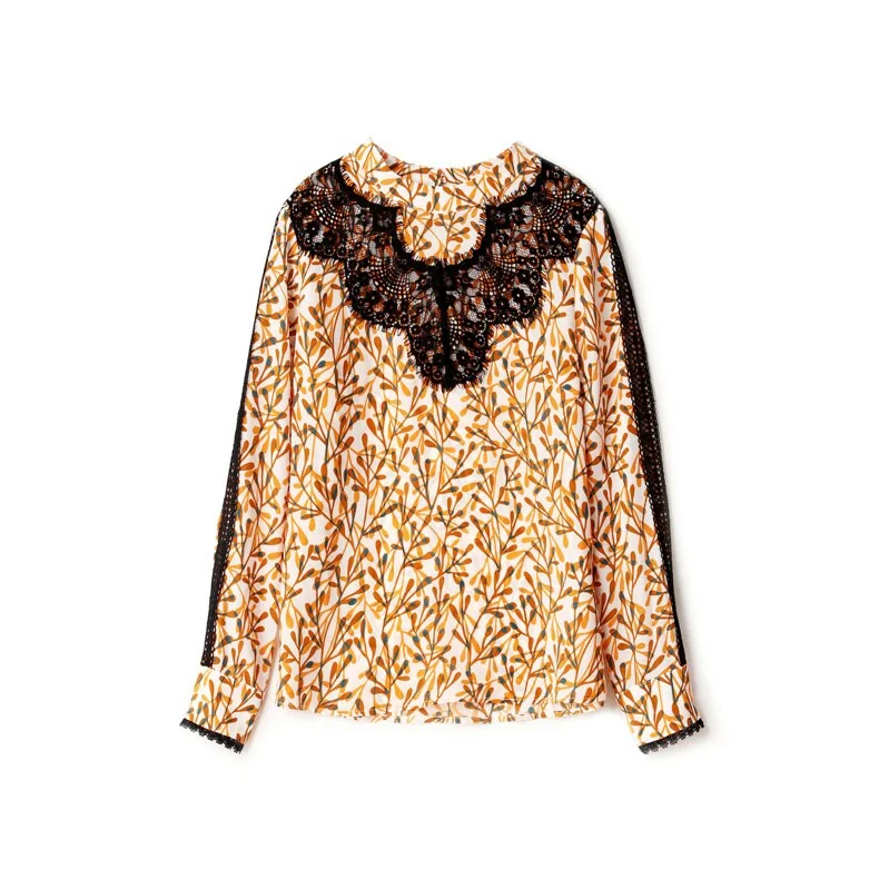 100% Silk Women's Blouse O Neck Long Sleeves Printed Hollow Out Lace Patchwork Fashion Casual Shirt Tops - Image 7