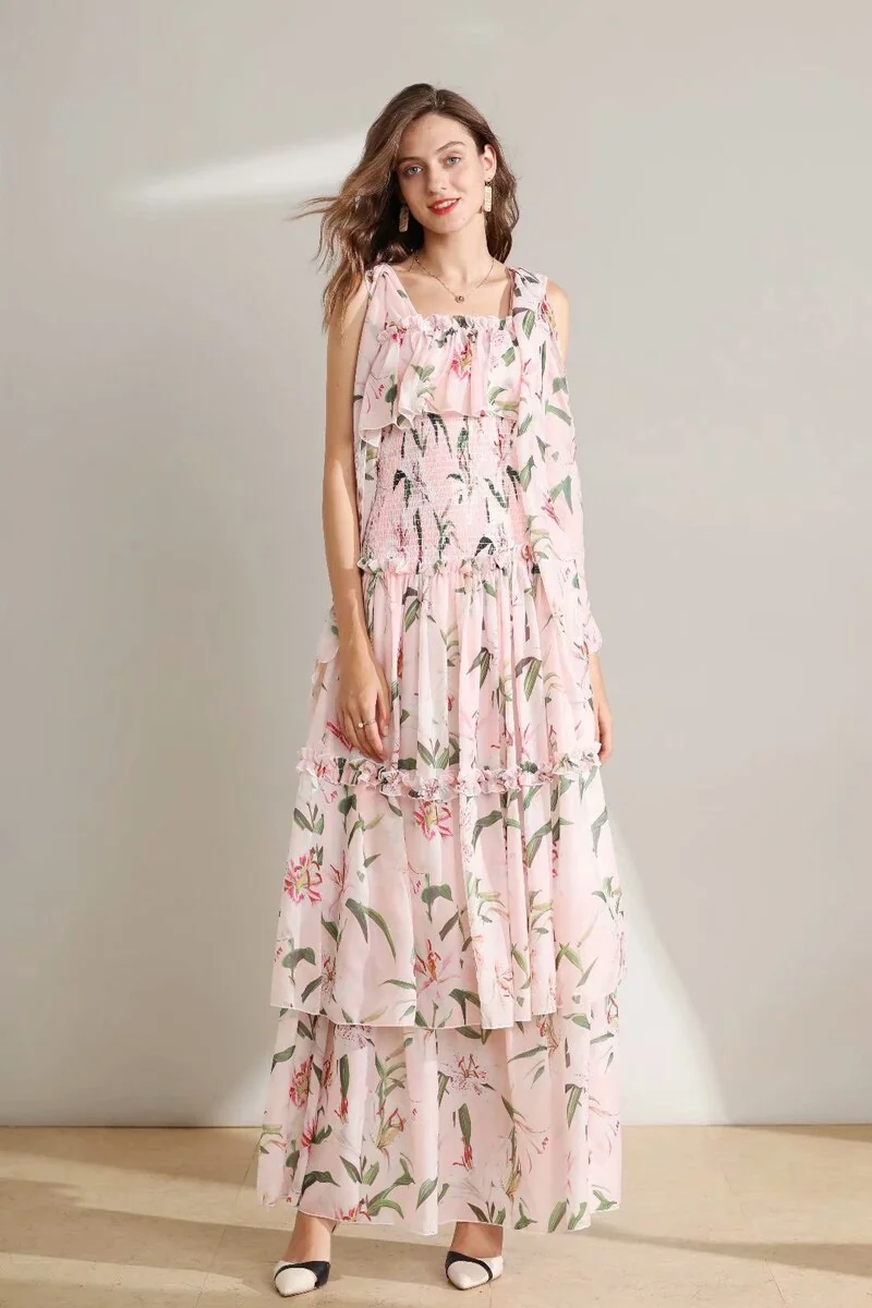 Women's Runway Dresses Spaghetti Straps Floral Printed Elastic Waist Tiered Ruffles Fashion Long Designer Dresses