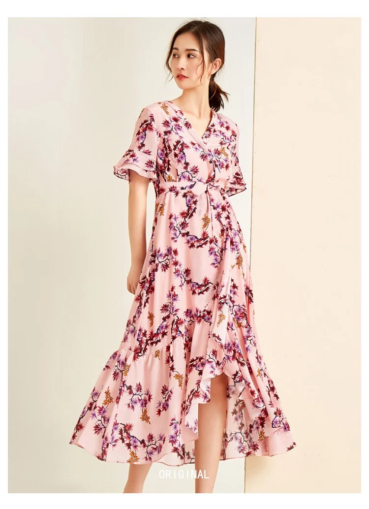100% Silk Women's Dress Sexy V Neck Ruffles Short Sleeves Printed Asymmetrical Fashion Casual Summer Dresses
