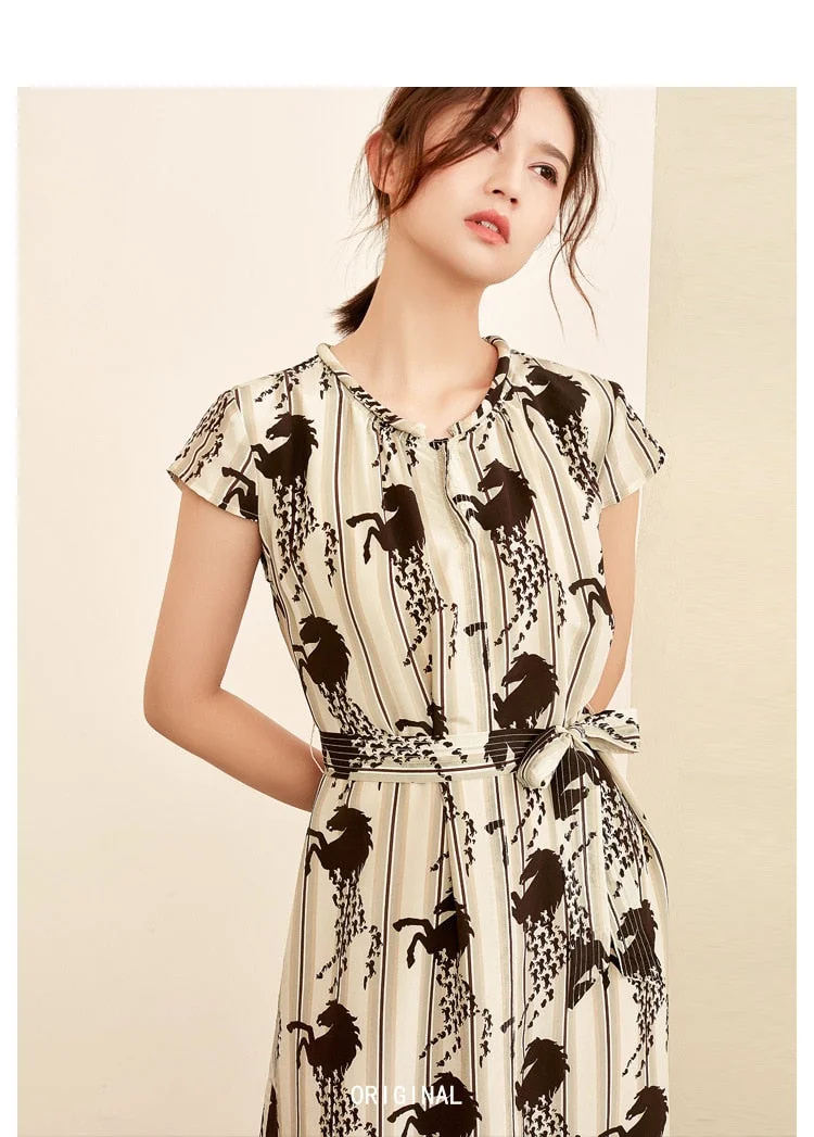 100% Silk Women's Dress O Neck Short Sleeves Sash Belt Animals Printed Fashion Casual Mid Runway Dresses - Image 3