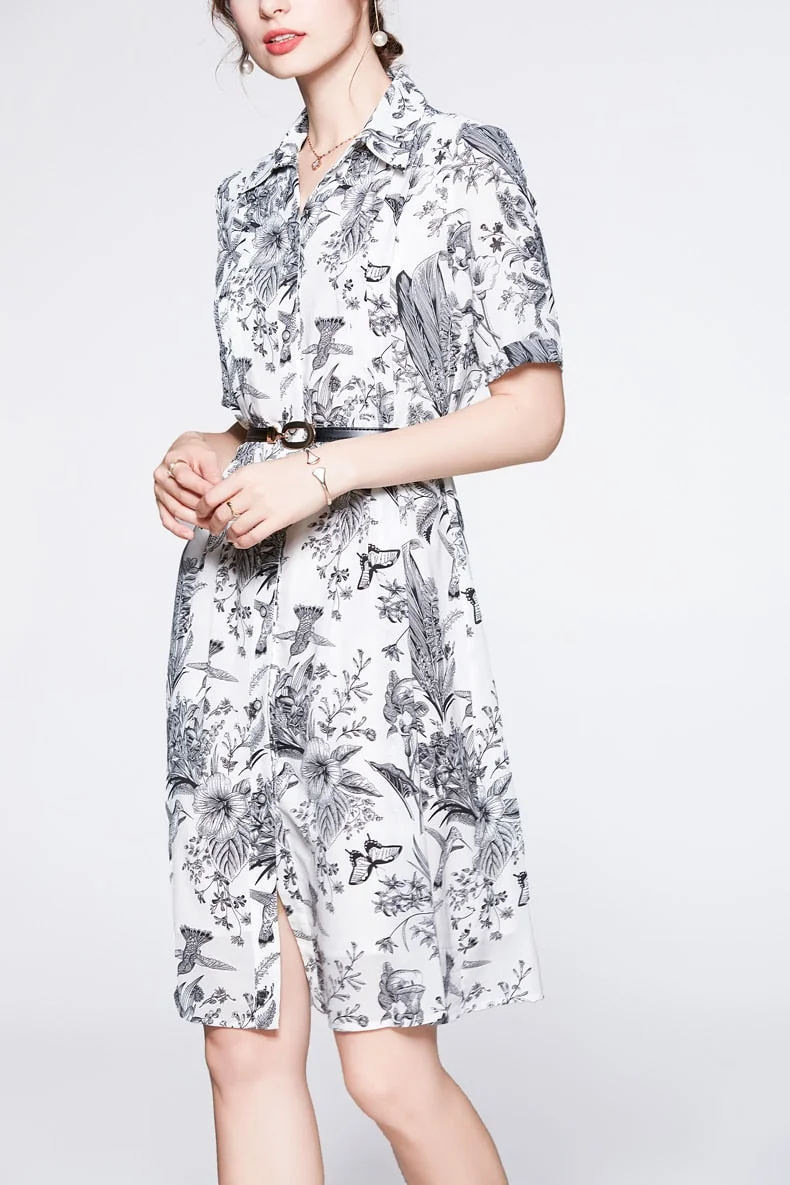 100% Silk Women's Dresses Turn Down Collar Short Sleeves Printed Single Breasted Fashion Dress Vestidos - Image 2