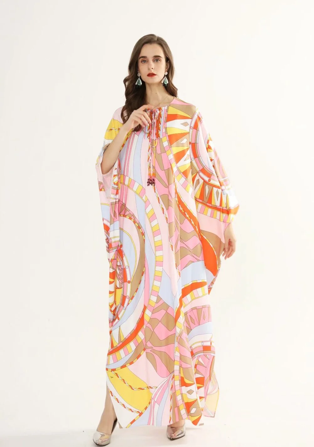 Women's Runway Dresses O Neck Lace Up Tassels Batwing Sleeves Printed Loose Plus Sizes Holiday Knitted Elastic Long Maxi Dress - Image 3