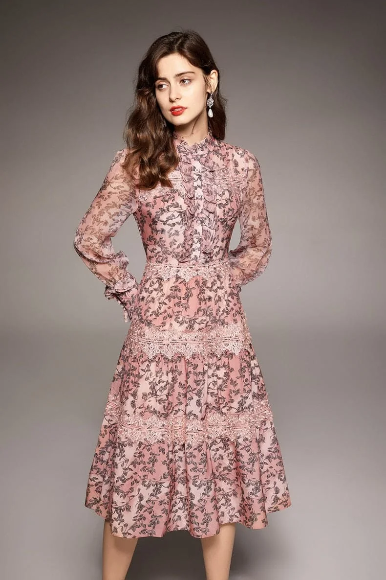 100% Natural Silk Women's Dresses O Neck Long Sleeves Ruffles Tired Lace Patchwork Printed Fashin Dress Vestidos - Image 2