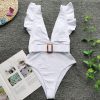 Plunging One Piece Swimsuits Ruffle Swimwear Women 2021 Belted Bathers Sexy Backless Beachwear High Cut Bathing Suits - Takalr